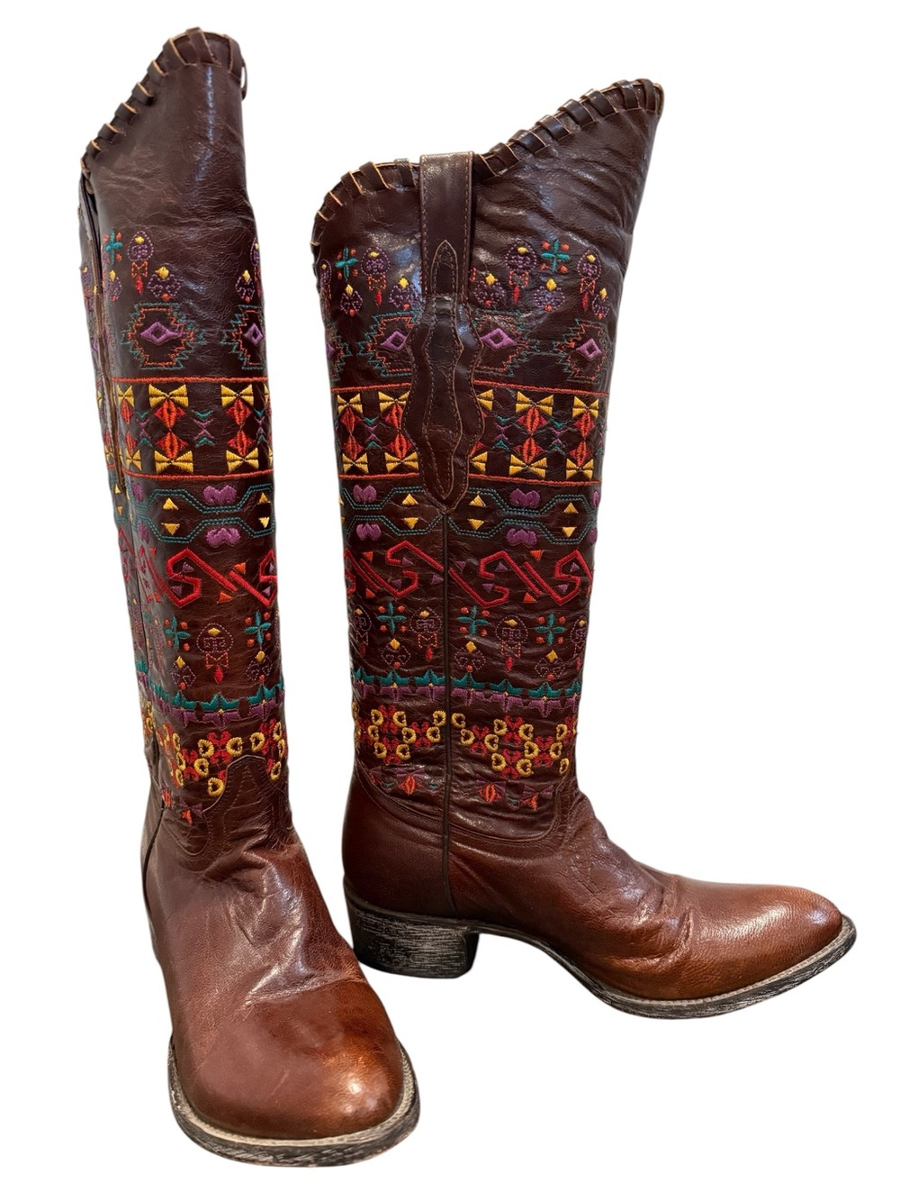 Embroidered Brown Women's Leather Cowboy Boots